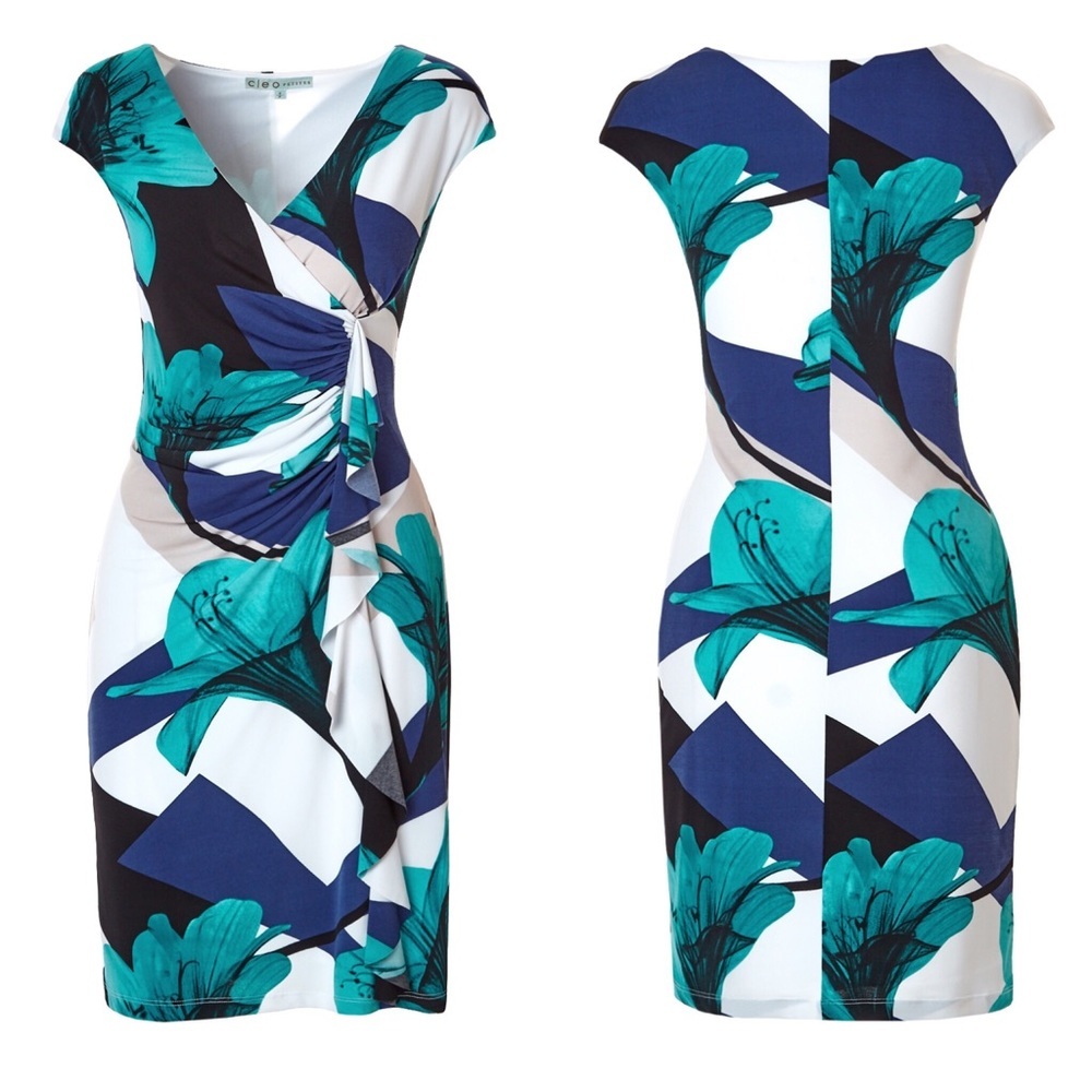 CLEO PETITES Floral Flutter Trim Dress With V Cut & Cap Sleeves Teal/Blue Small